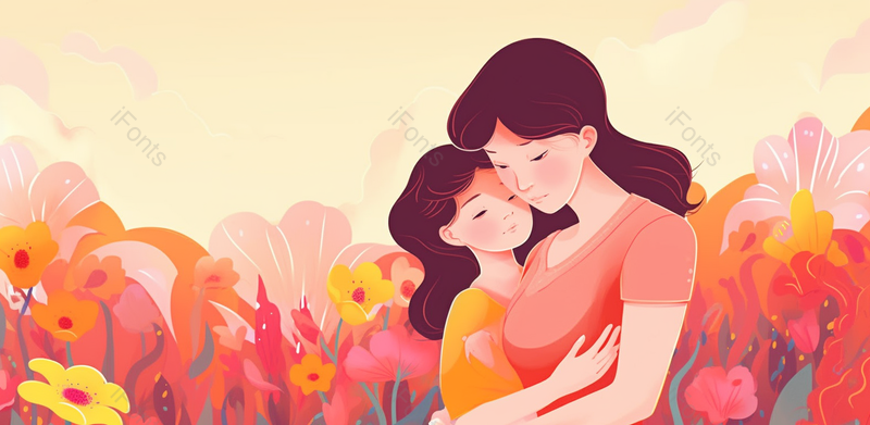 长发母女相拥卡通小清新母亲节母女插画海报背景宣传图,插画/手绘图,插画/手绘图库,插画/手绘图下载,插画/手绘